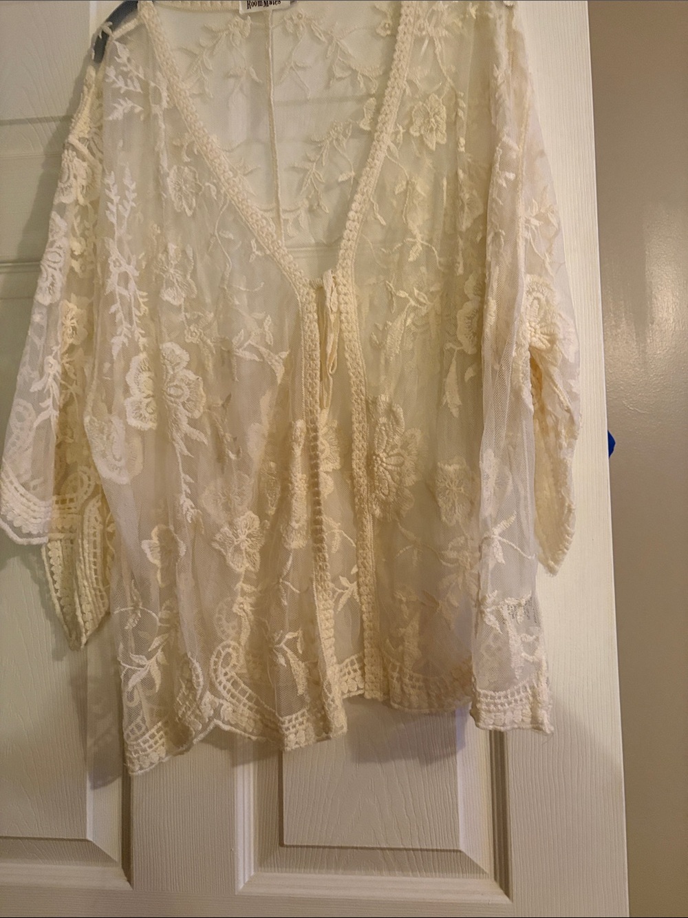 Roomates Cream Lace Embroidered Sheer layering top with ties